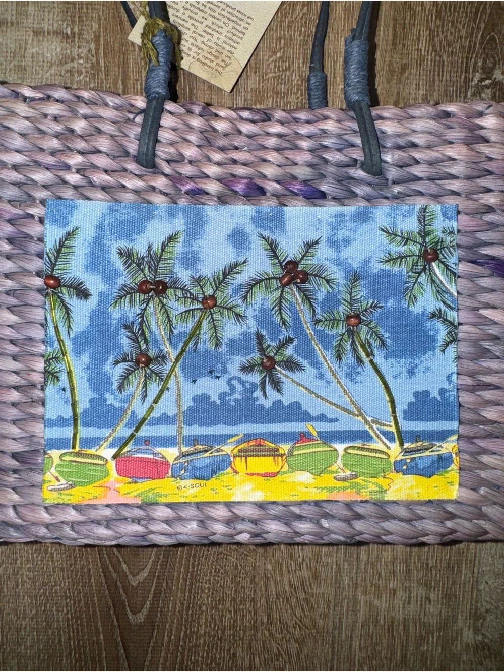 Handwoven Purple Straw Tote Bag with Tropical Print Panel